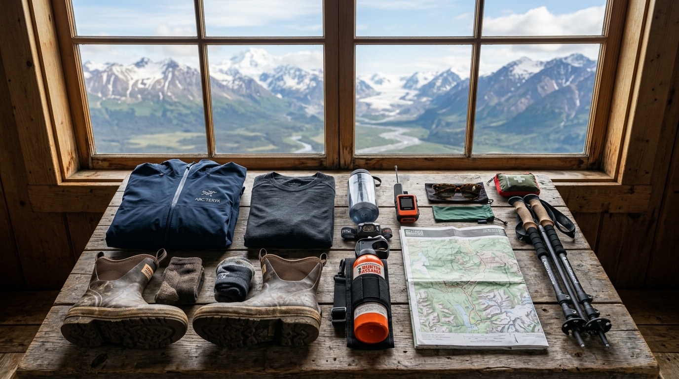 Alaska summer wilderness packing gear flat lay with Gore-Tex jacket, Xtratuf boots, bear spray, and Garmin satellite messenger on a timber table overlooking mountains
