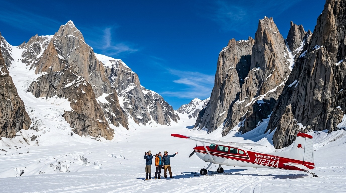 Single-engine ski plane parked on the snow of Ruth Glacier beneath towering granite peaks in Denali National Park