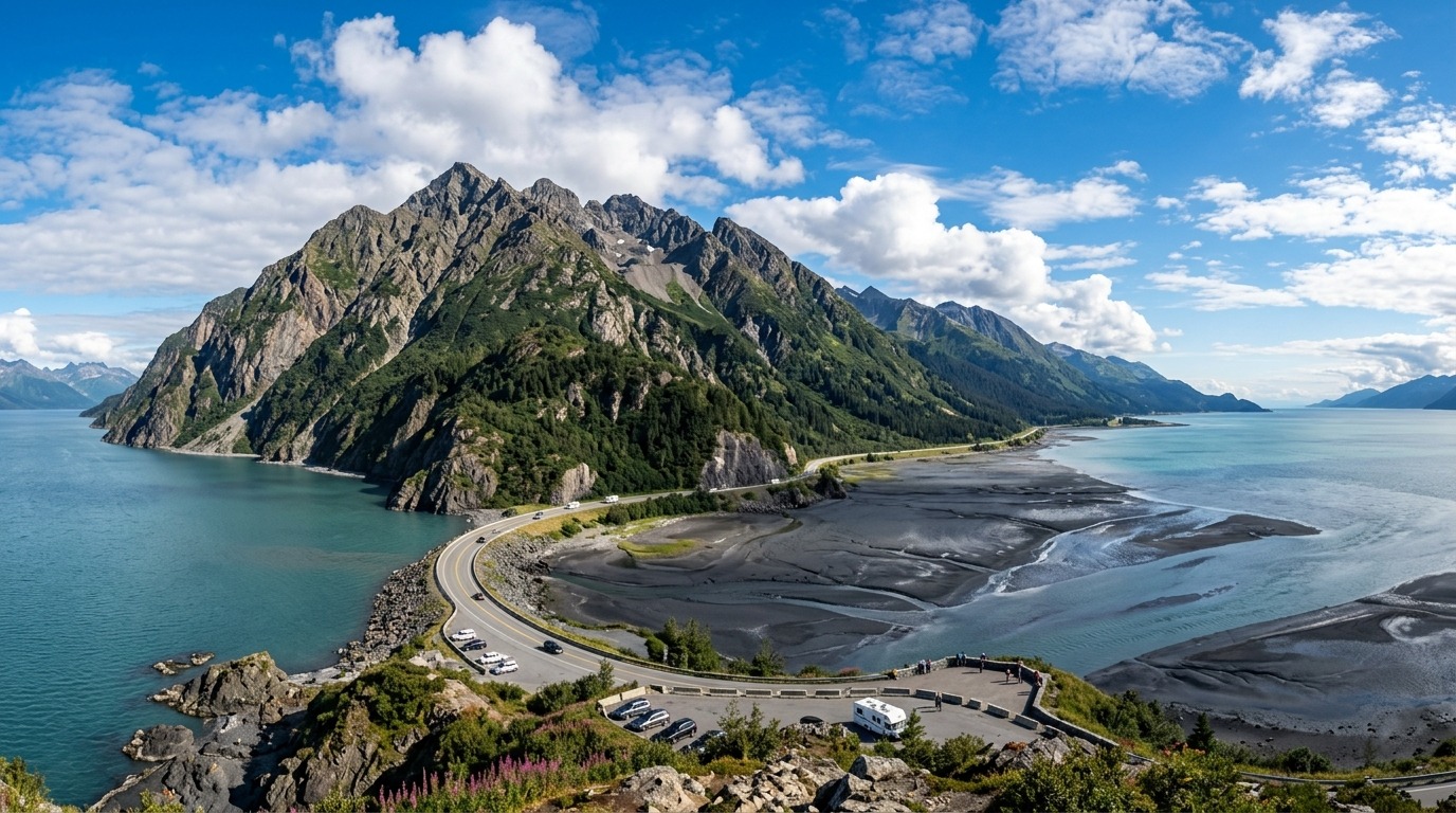Scenic panoramic view of Turnagain Arm fjord with tidal waters, rocky Chugach mountain cliffs, and the Seward Highway corridor
