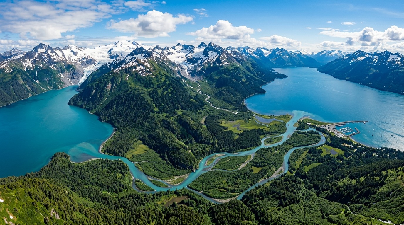 Aerial panoramic photograph of the Kenai Peninsula in Alaska with turquoise glacial rivers, emerald boreal spruce forests, and snow-capped granite peaks