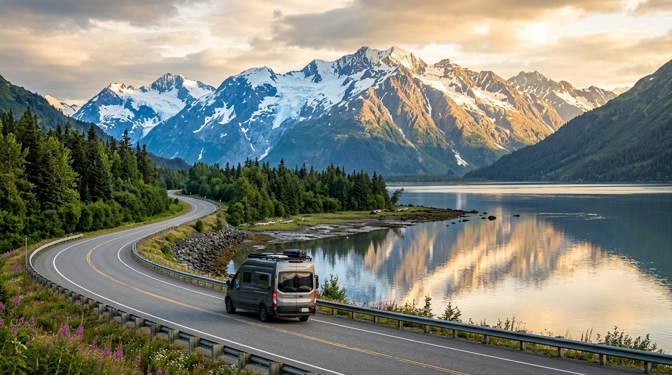 Independent Alaska road trip route showing a paved scenic highway along Turnagain Arm bordered by the Chugach Mountains
