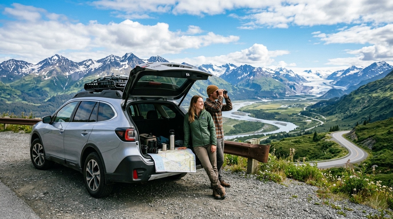 First-time road trippers taking in the vast mountain landscape along the classic 7-day Alaska loop route