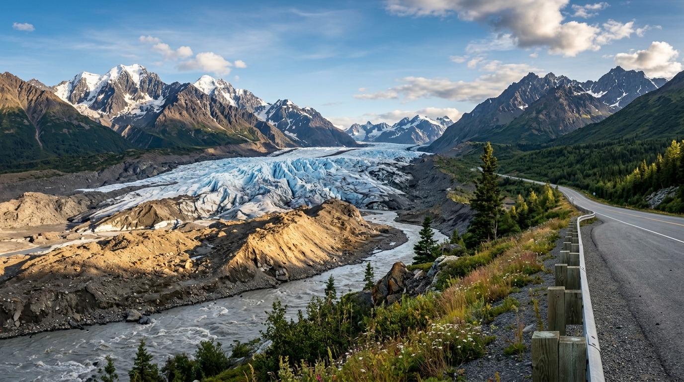 Scenic roadside turnout overlooking the ancient ice field of Matanuska Glacier along the Glenn Highway