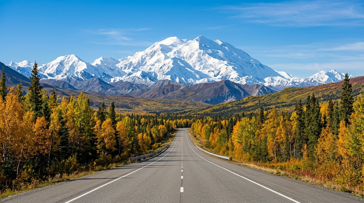 George Parks Highway looking north toward the massive snow-covered peaks of Denali and the Alaska Range