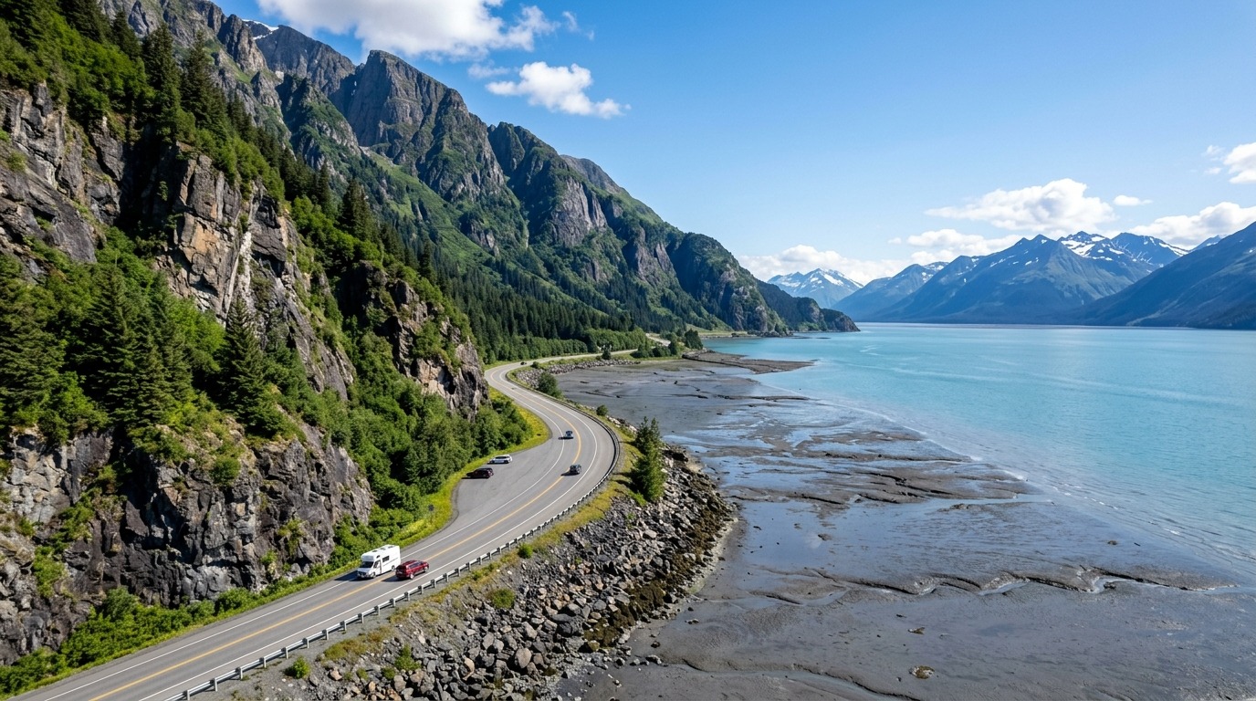 Seward Highway National Scenic Byway hugging the rocky shoreline of Turnagain Arm between Anchorage and Girdwood