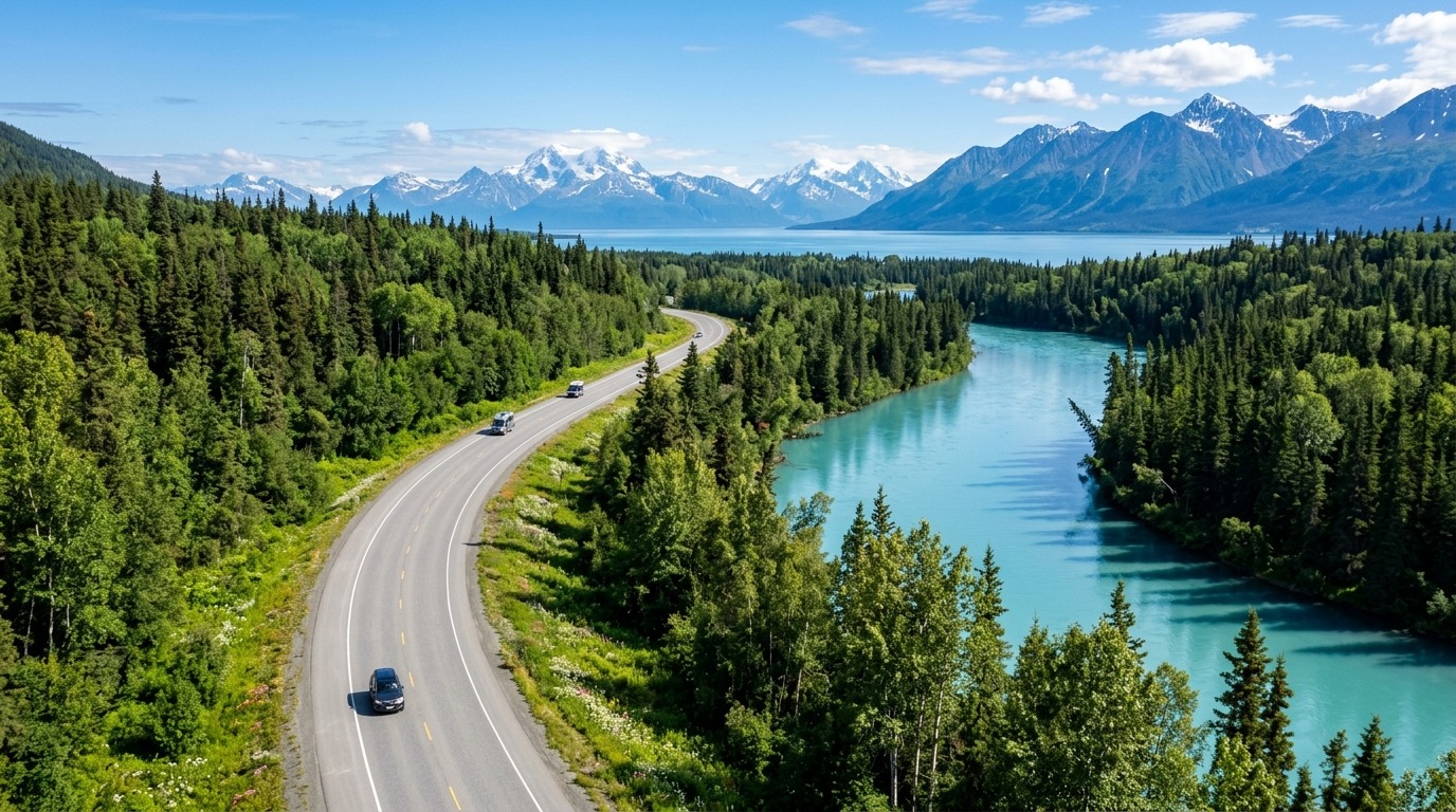 Sterling Highway passing the glacial turquoise waters of the Kenai River near Cooper Landing